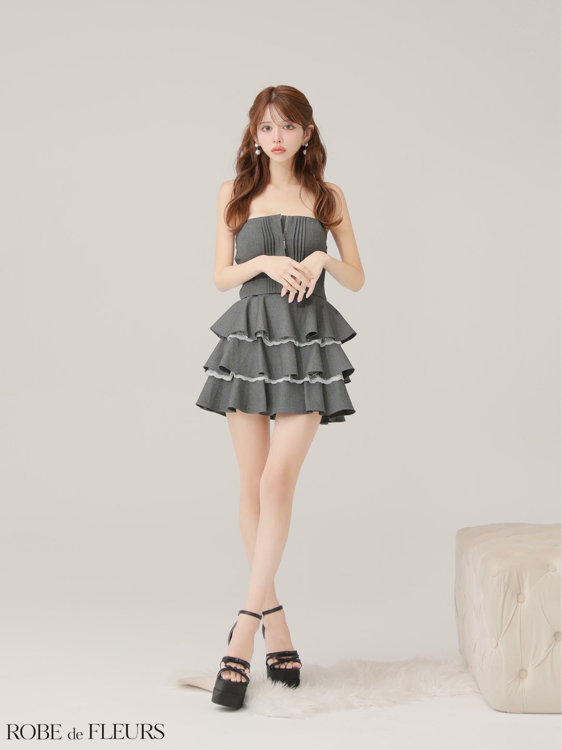  ROBE de FLEURS ローブドフルール 【XSサイズあり】 ラメツイルフリルセットアップフレアミニキャバドレス fm4328-c