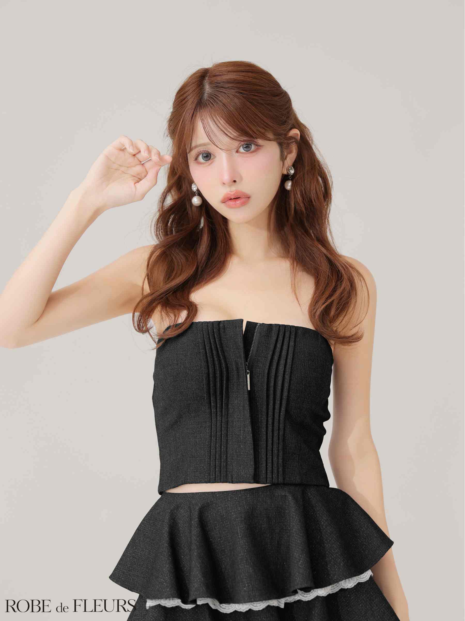  ROBE de FLEURS ローブドフルール 【XSサイズあり】 ラメツイルフリルセットアップフレアミニキャバドレス fm4328-c