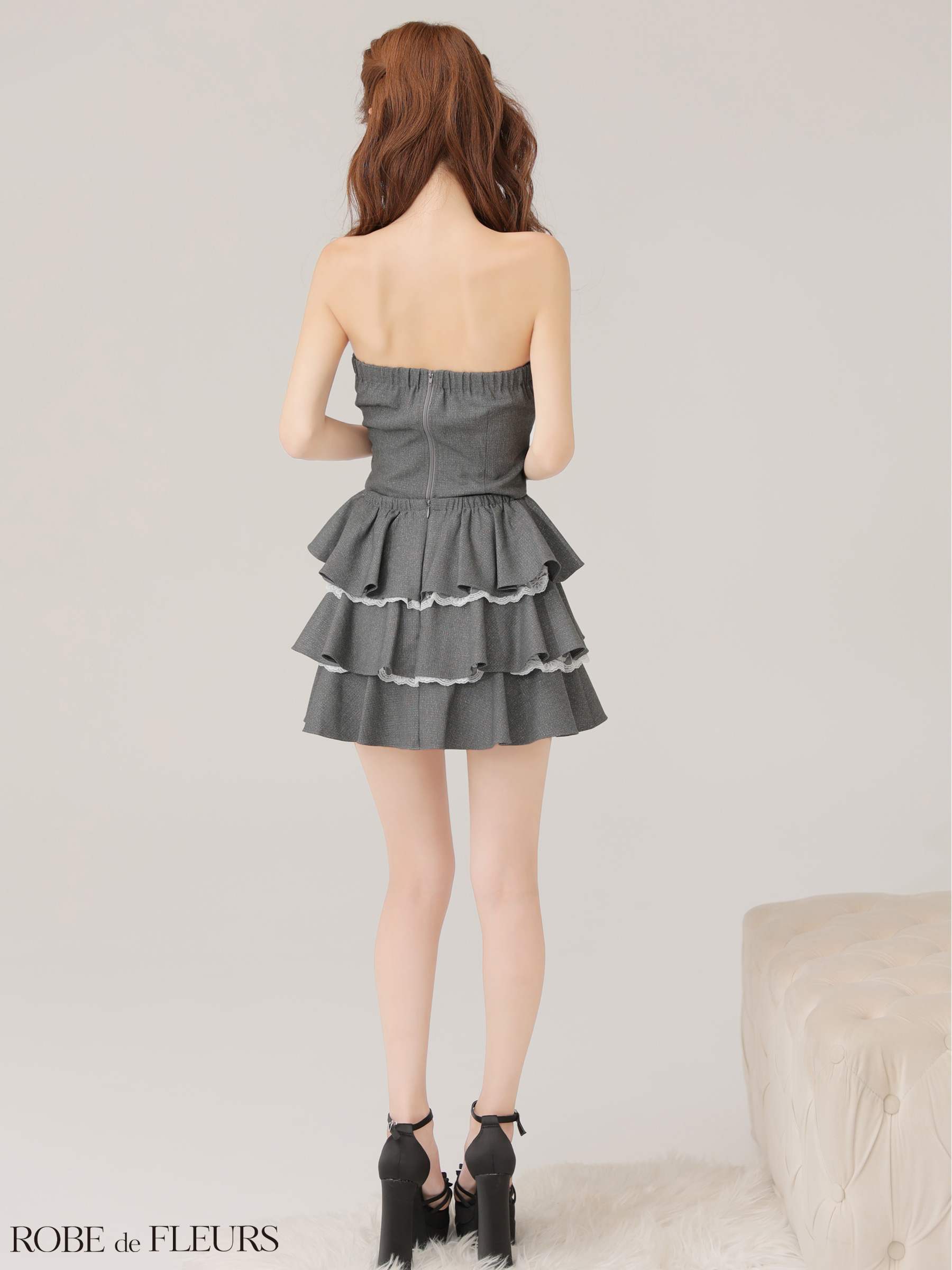  ROBE de FLEURS ローブドフルール 【XSサイズあり】 ラメツイルフリルセットアップフレアミニキャバドレス fm4328-c