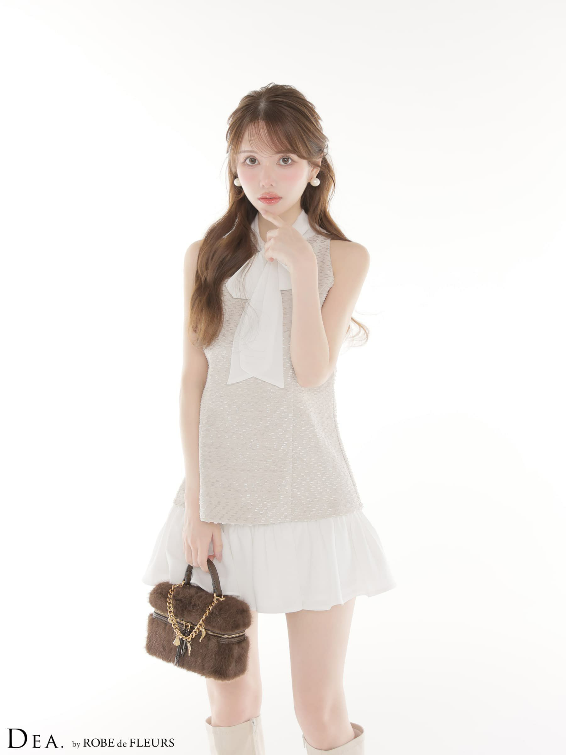 DEA. ディア バイ ローブドフルール 【XSサイズあり】 ツイードハイネックボウタイタイトセットアップミニキャバドレス de4616-c