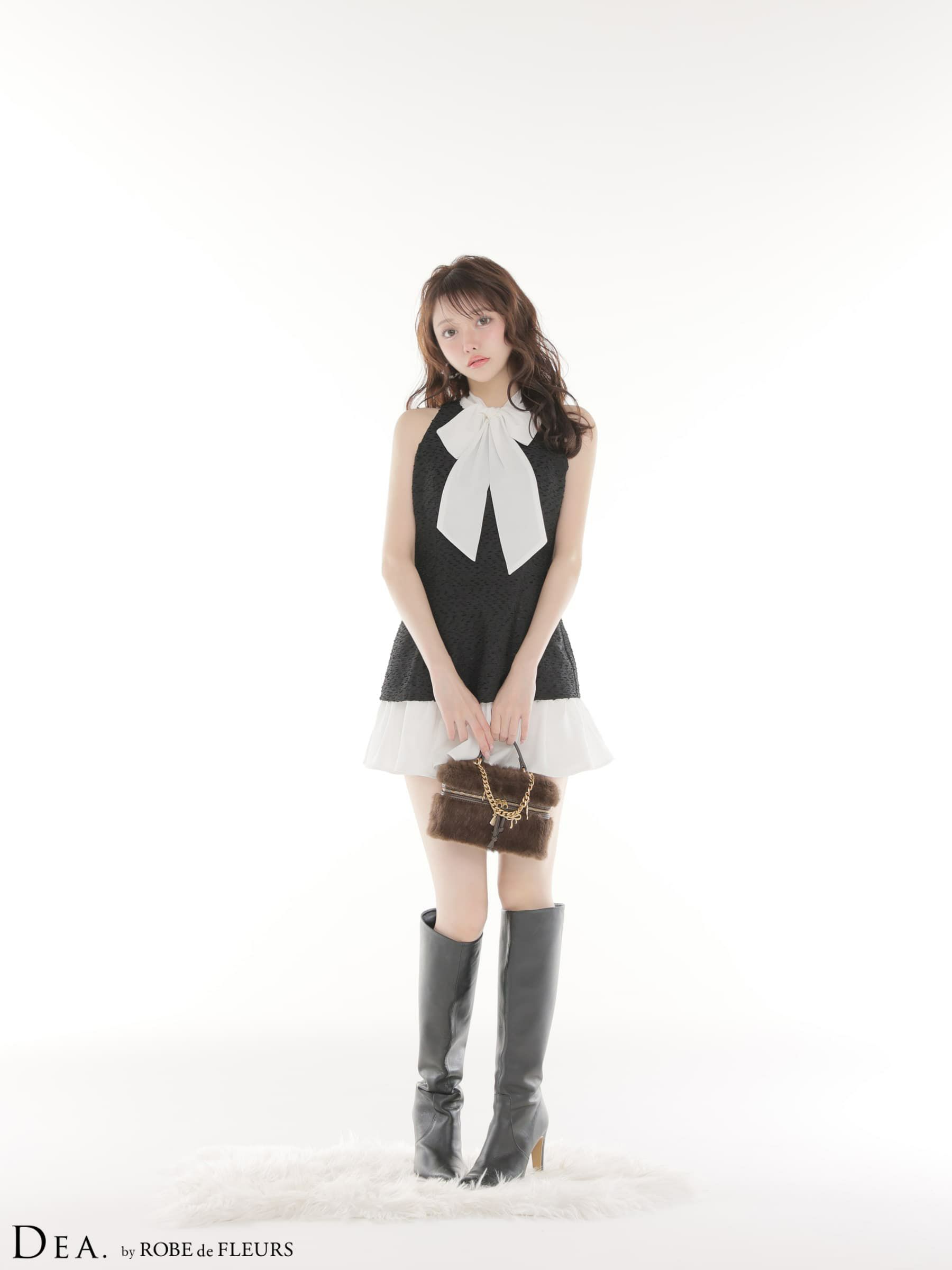 DEA. ディア バイ ローブドフルール 【XSサイズあり】 ツイードハイネックボウタイタイトセットアップミニキャバドレス de4616-c