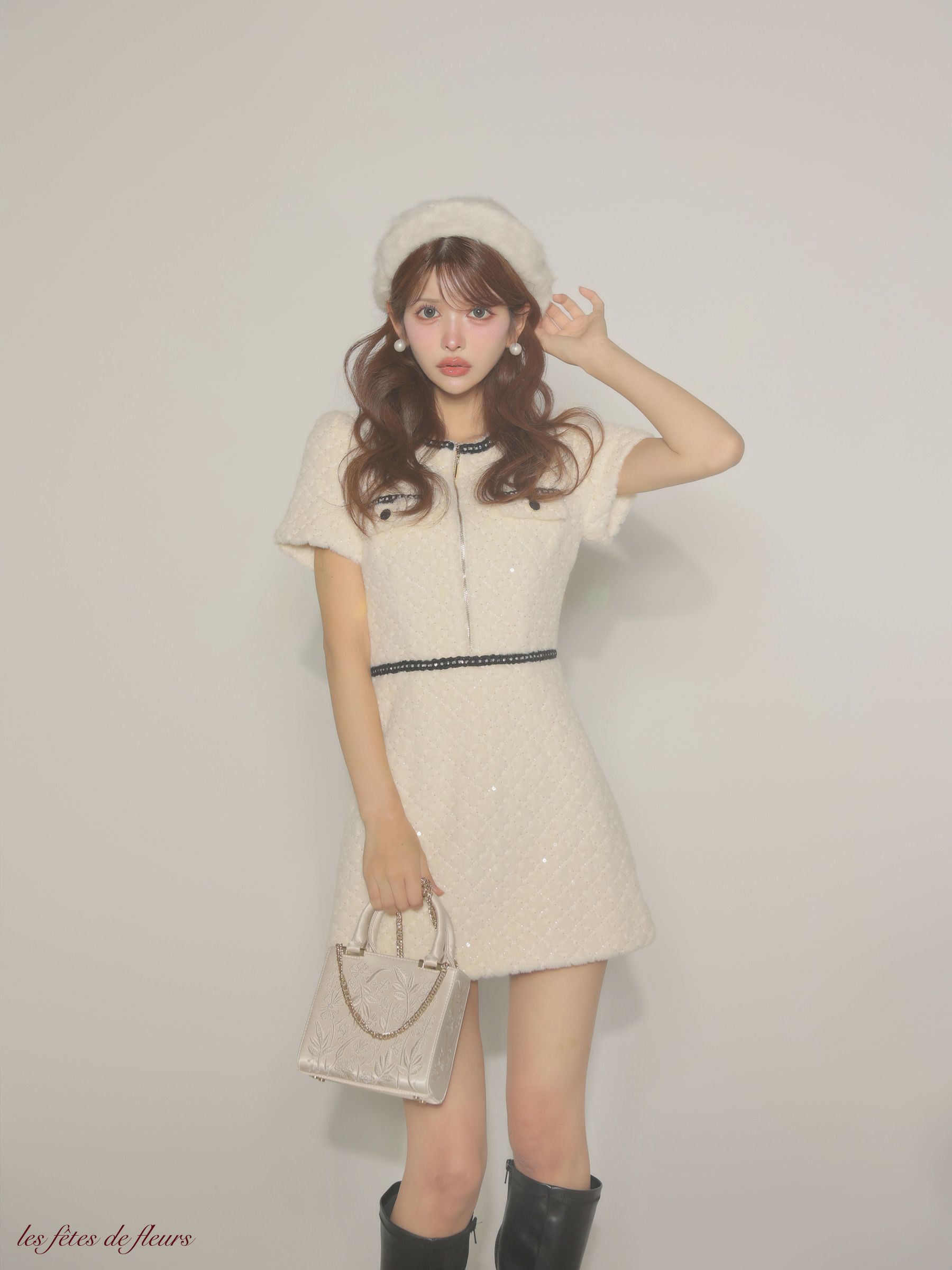 Les fetes de fleurs レフェットデフルール 【XSサイズあり】scintiller fur mini dress LF4637