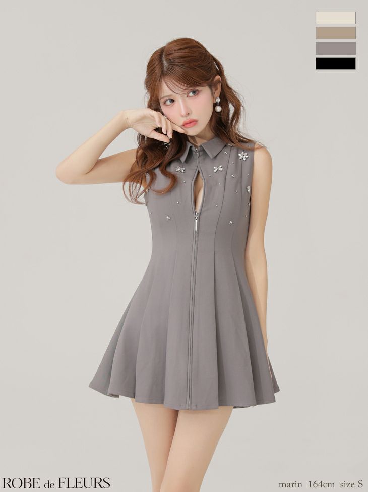 ROBE de FLEURS ローブドフルール 【XS～Lサイズあり】襟付きノースリーブフレアミニキャバドレス fm4156