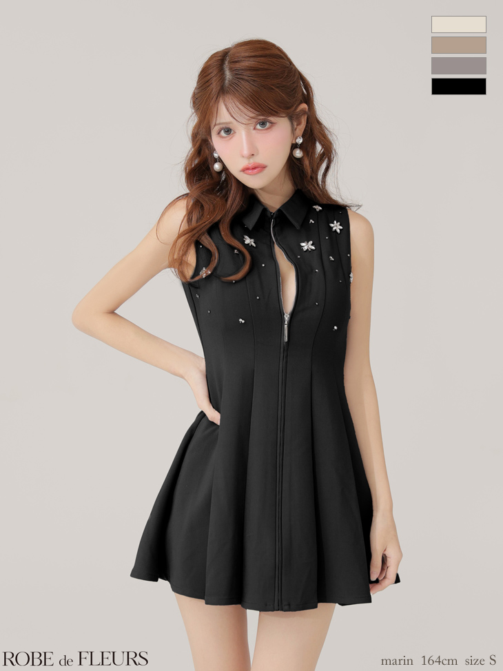 ROBE de FLEURS ローブドフルール 【XS～Lサイズあり】襟付きノースリーブフレアミニキャバドレス fm4156