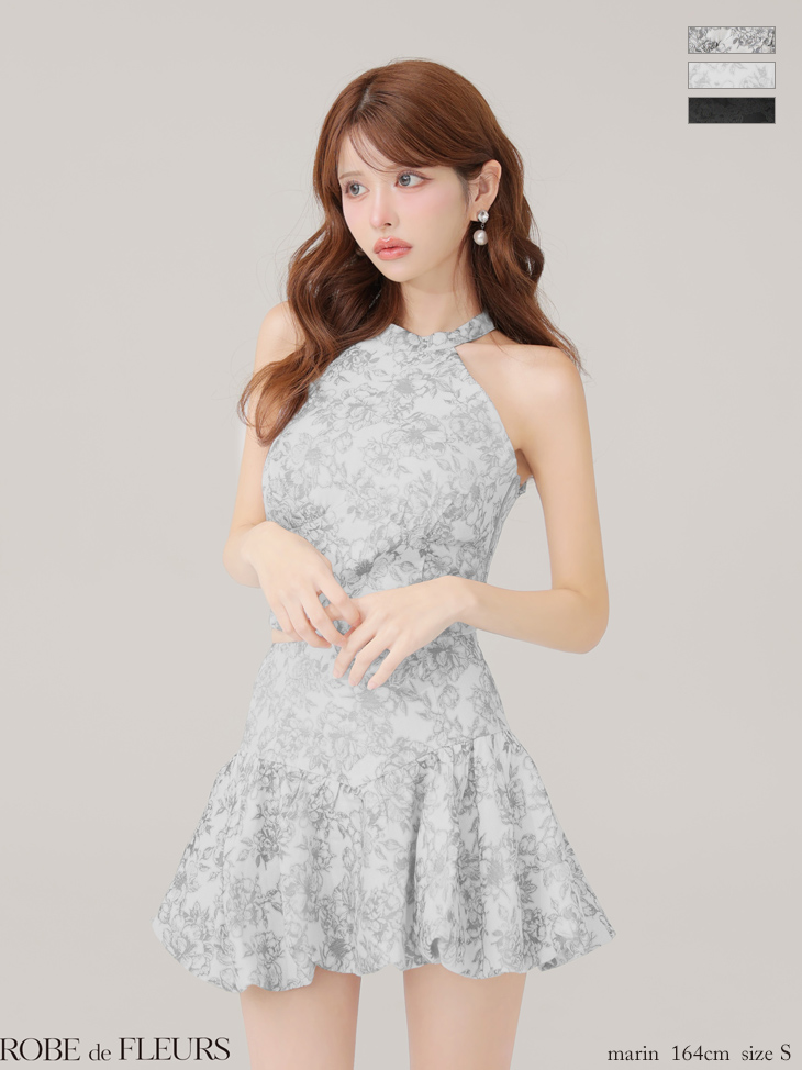 ROBE de FLEURS ローブドフルール 【XSサイズあり】ジャガードホルターネックフレアミニキャバドレス fm4624