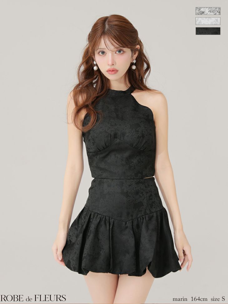 ROBE de FLEURS ローブドフルール 【XSサイズあり】ジャガードホルターネックフレアミニキャバドレス fm4624