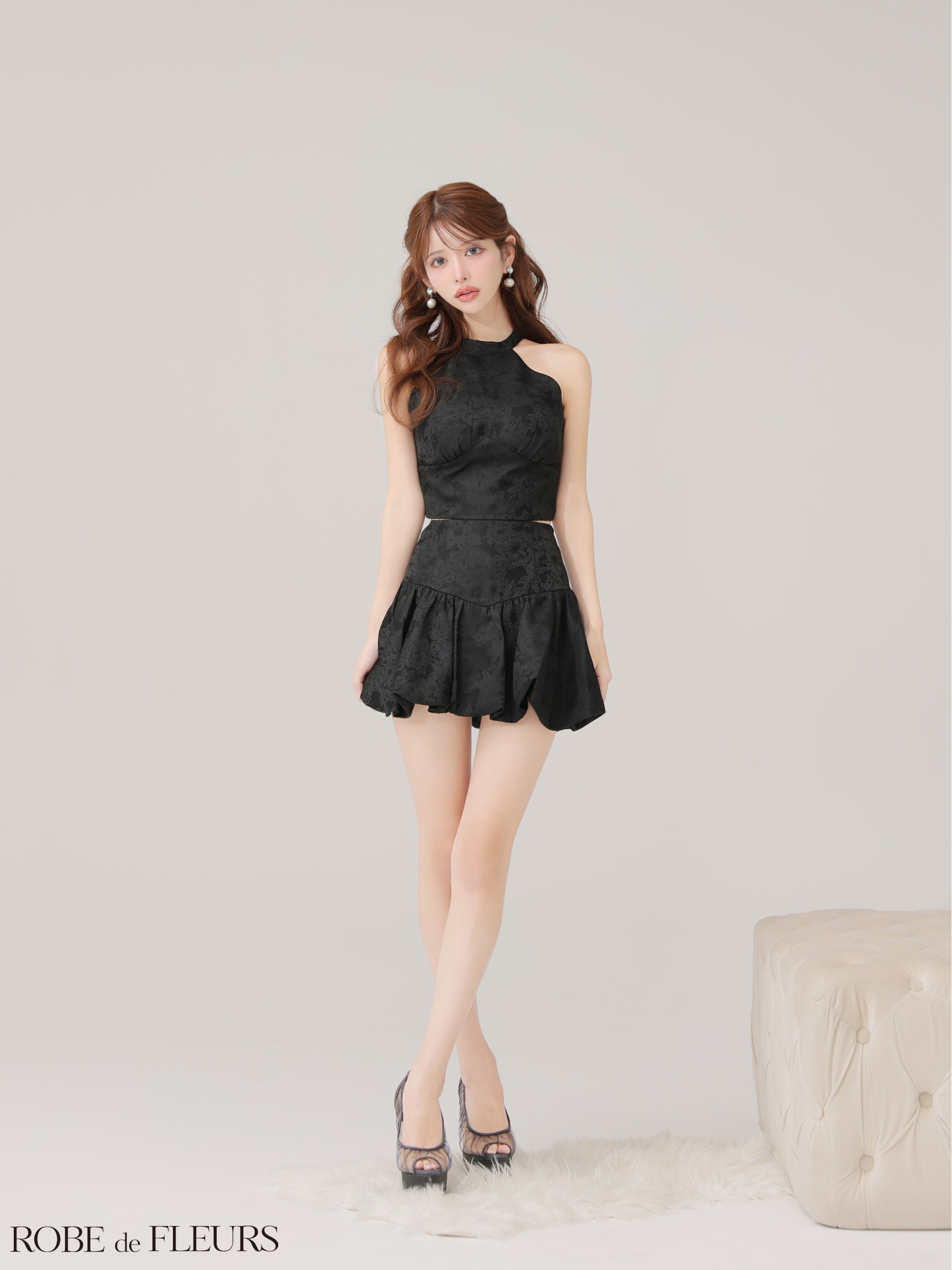 ROBE de FLEURS ローブドフルール 【XSサイズあり】ジャガードホルターネックフレアミニキャバドレス fm4624