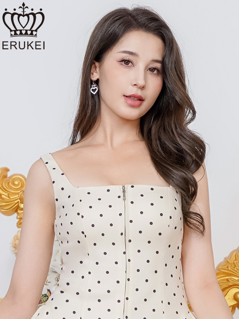 ERUKEI エルケイ ドット・ワンカラー・ノースリーブ・フロントジップ・バックスピンドル・Aライン・フレア・ミニドレス・ワンピース ek-e25174