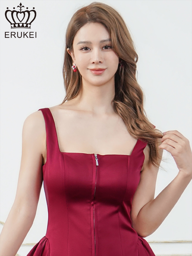 ERUKEI エルケイ ドット・ワンカラー・ノースリーブ・フロントジップ・バックスピンドル・Aライン・フレア・ミニドレス・ワンピース ek-e25174