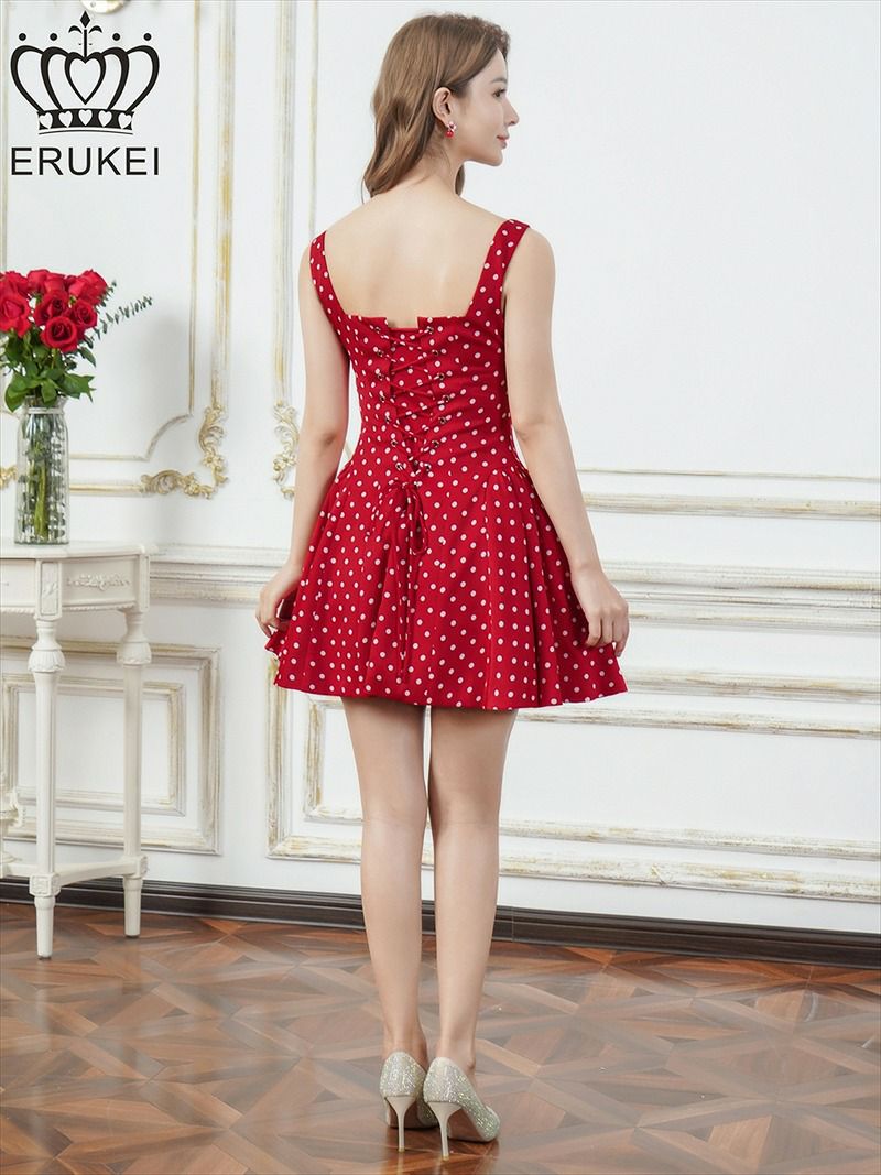 ERUKEI エルケイ ドット・ワンカラー・ノースリーブ・フロントジップ・バックスピンドル・Aライン・フレア・ミニドレス・ワンピース ek-e25174