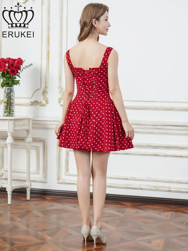 ERUKEI エルケイ ドット・ワンカラー・ノースリーブ・フロントジップ・バックスピンドル・Aライン・フレア・ミニドレス・ワンピース ek-e25174