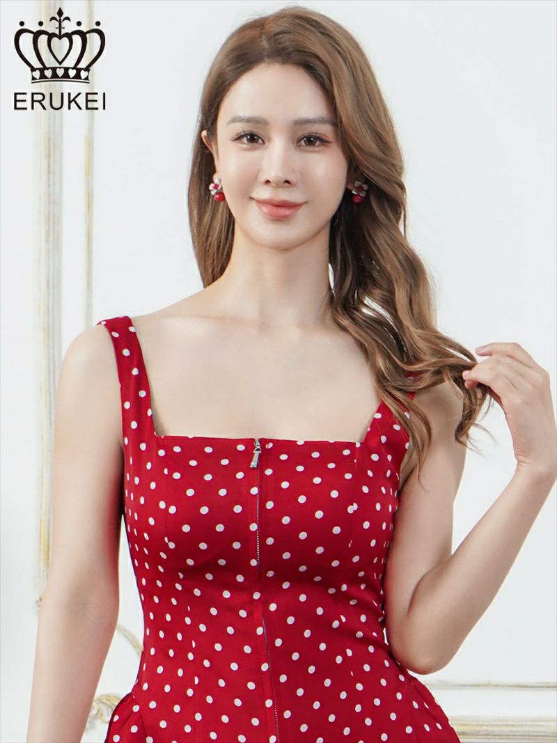 ERUKEI エルケイ ドット・ワンカラー・ノースリーブ・フロントジップ・バックスピンドル・Aライン・フレア・ミニドレス・ワンピース ek-e25174