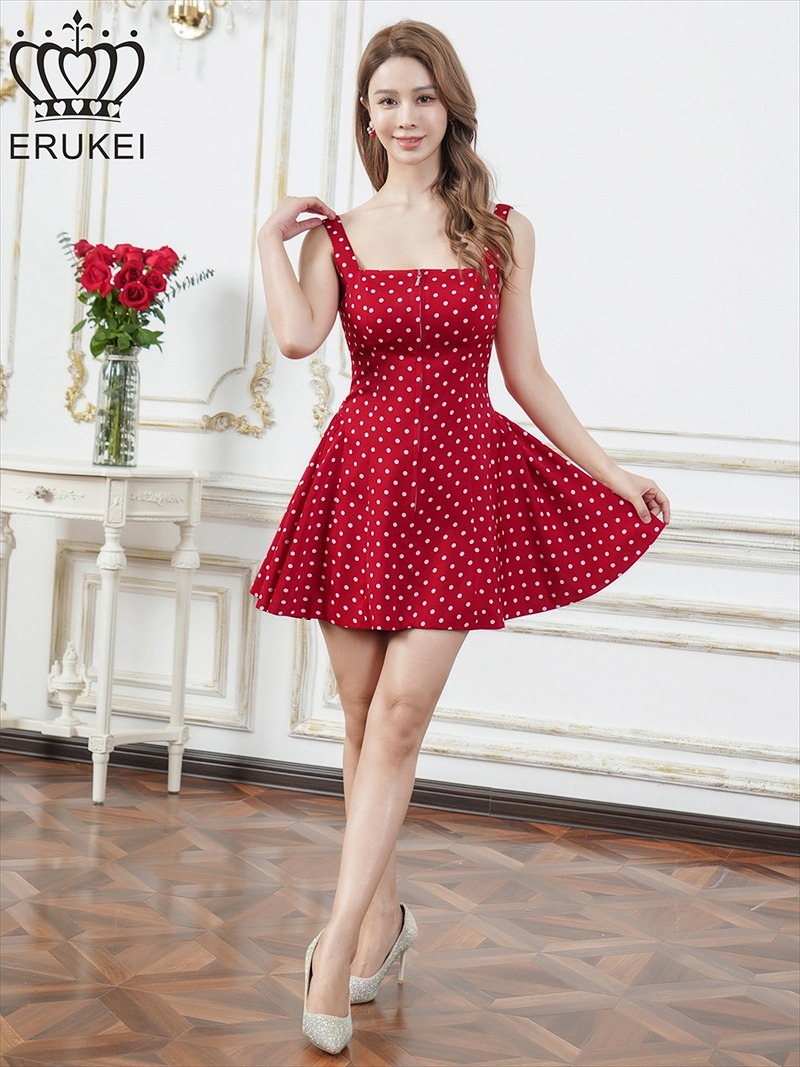 ERUKEI エルケイ ドット・ワンカラー・ノースリーブ・フロントジップ・バックスピンドル・Aライン・フレア・ミニドレス・ワンピース ek-e25174