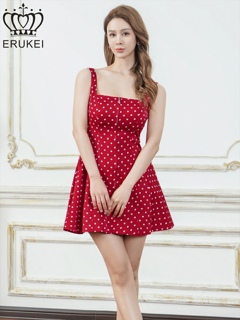 ERUKEI エルケイ ドット・ワンカラー・ノースリーブ・フロントジップ・バックスピンドル・Aライン・フレア・ミニドレス・ワンピース ek-e25174