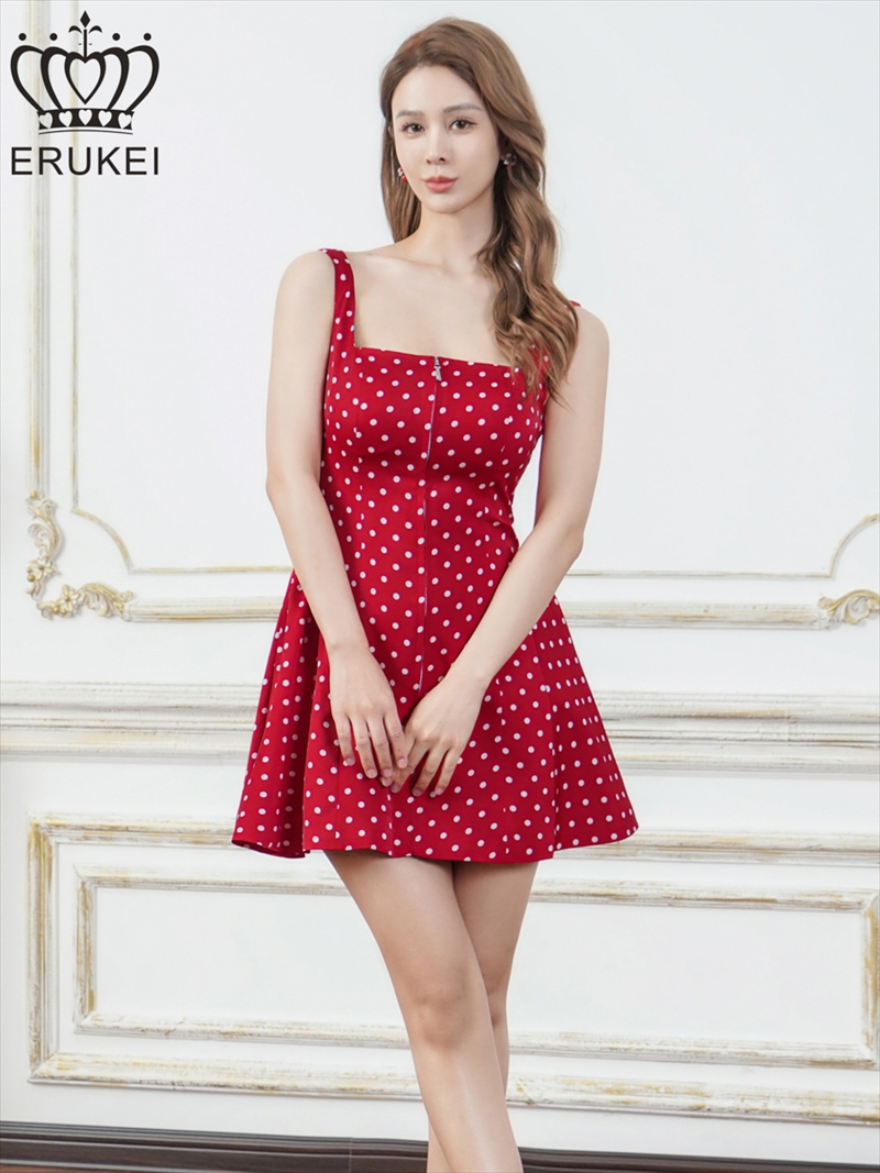 ERUKEI エルケイ ドット・ワンカラー・ノースリーブ・フロントジップ・バックスピンドル・Aライン・フレア・ミニドレス・ワンピース ek-e25174