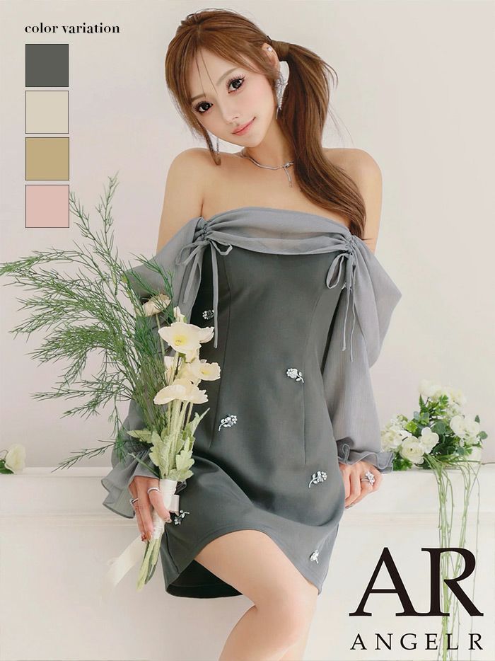AngelR エンジェルアール オフショルダーロングスリーブシアーリボンフラワービジューバイカラーフレアミニドレス ar25873