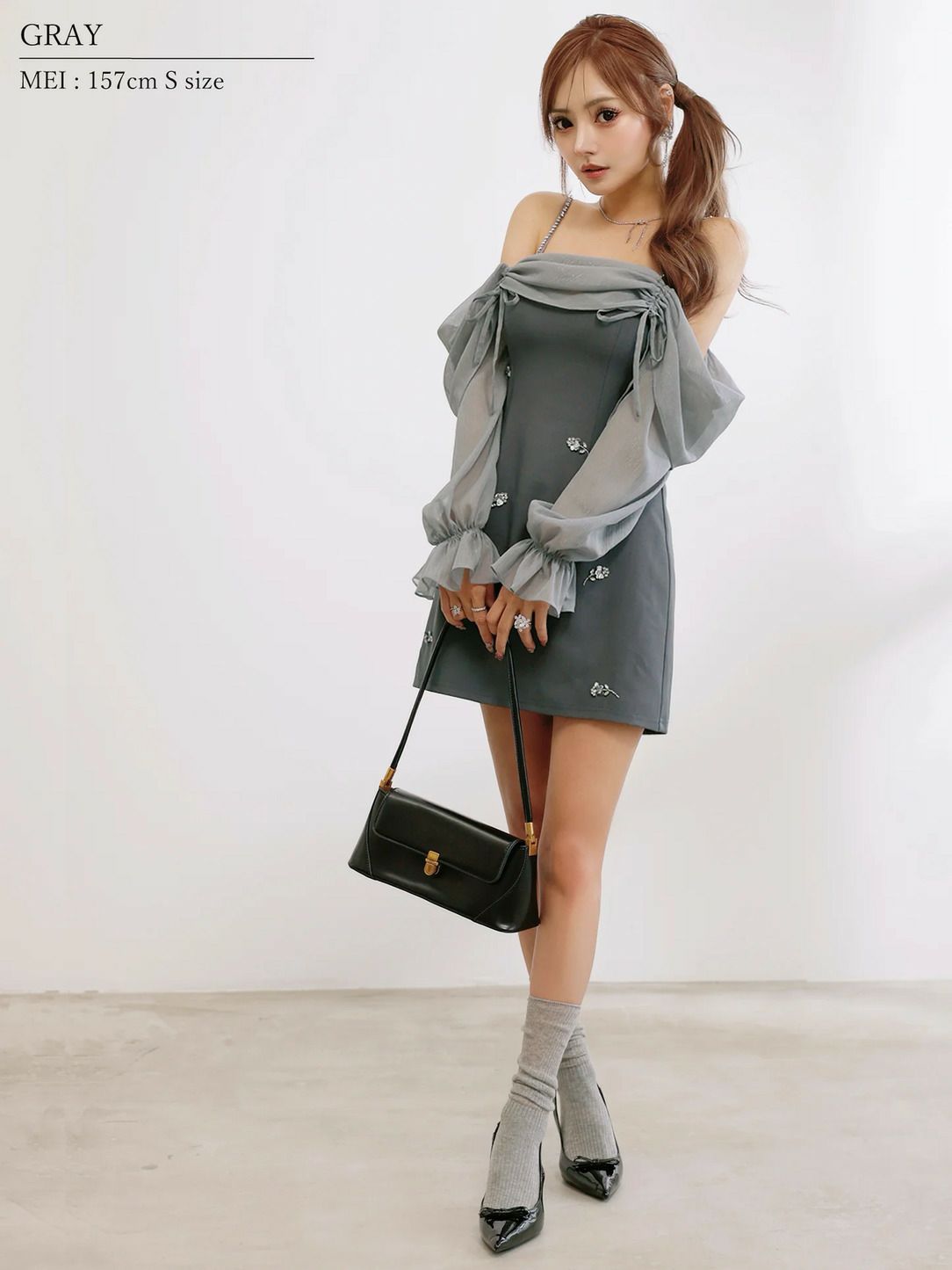 AngelR エンジェルアール オフショルダーロングスリーブシアーリボンフラワービジューバイカラーフレアミニドレス ar25873