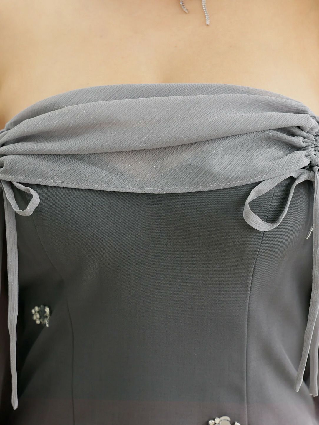 AngelR エンジェルアール オフショルダーロングスリーブシアーリボンフラワービジューバイカラーフレアミニドレス ar25873