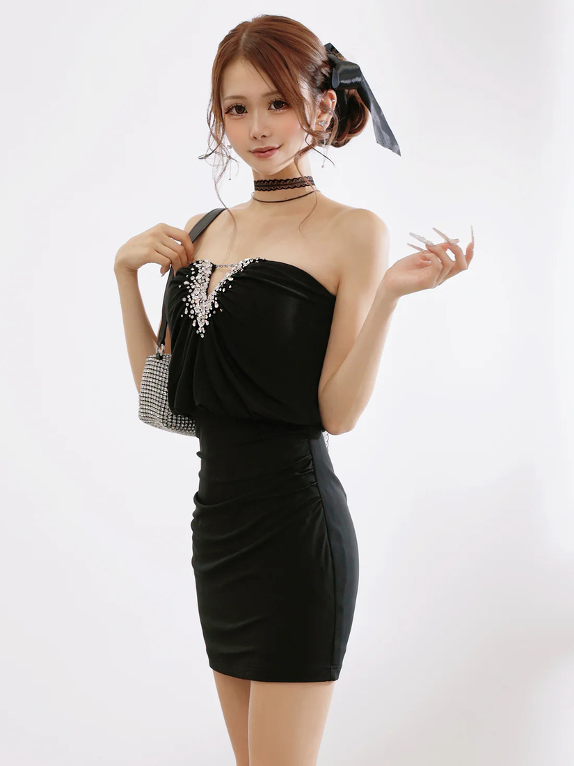 AngelR エンジェルアール ベアトップバストカットフロントビジューギャザードレープタイトマイクロミニドレス ar25353-ks