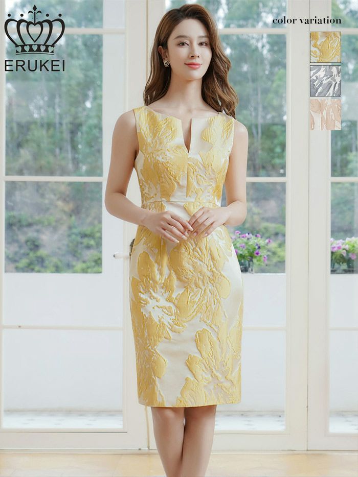 ERUKEI エルケイ ノースリーブ・花柄・ジャガード・胸元スリットカット・タイト・ミディアムドレス・ワンピース ek-e25098