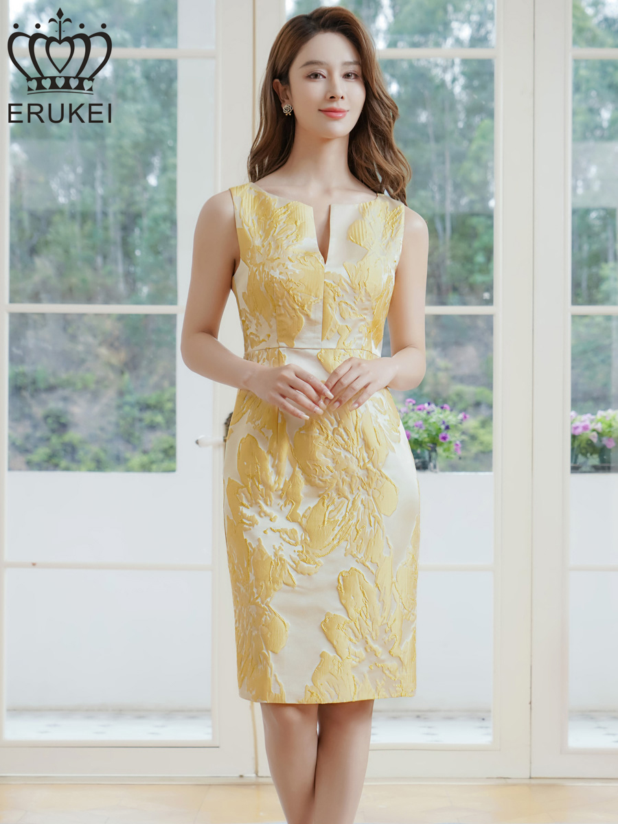 ERUKEI エルケイ ノースリーブ・花柄・ジャガード・胸元スリットカット・タイト・ミディアムドレス・ワンピース ek-e25098