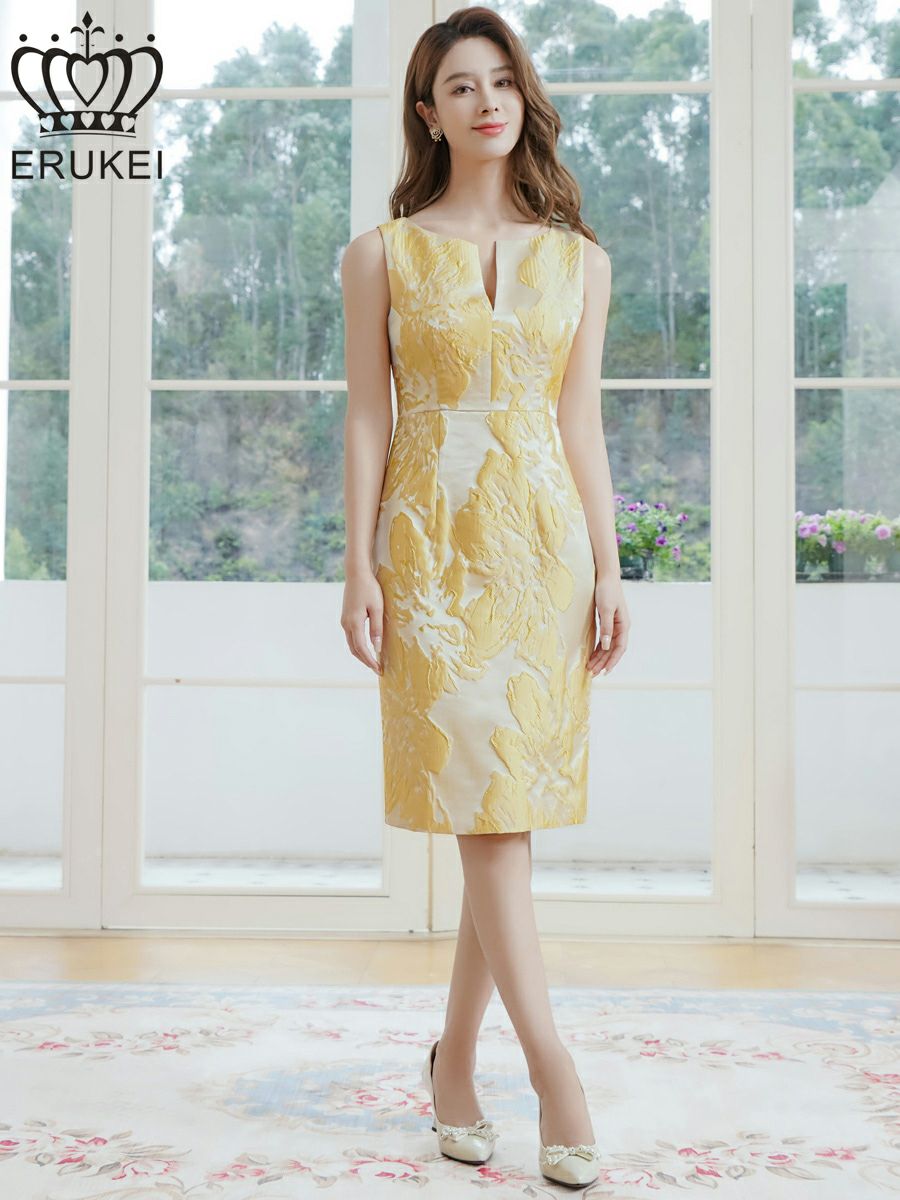 ERUKEI エルケイ ノースリーブ・花柄・ジャガード・胸元スリットカット・タイト・ミディアムドレス・ワンピース ek-e25098