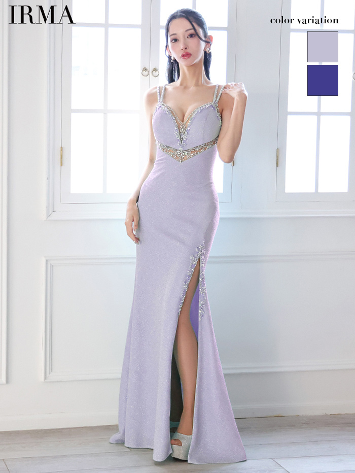 IRMA イルマ ウエストカットアウトシアー/ニット/刺繍/スリット入り/タイト ロングドレス ir51856