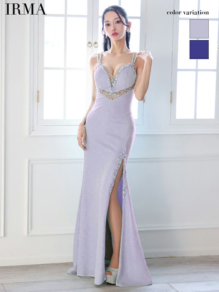 IRMA イルマ ウエストカットアウトシアー/ニット/刺繍/スリット入り/タイト ロングドレス ir51856