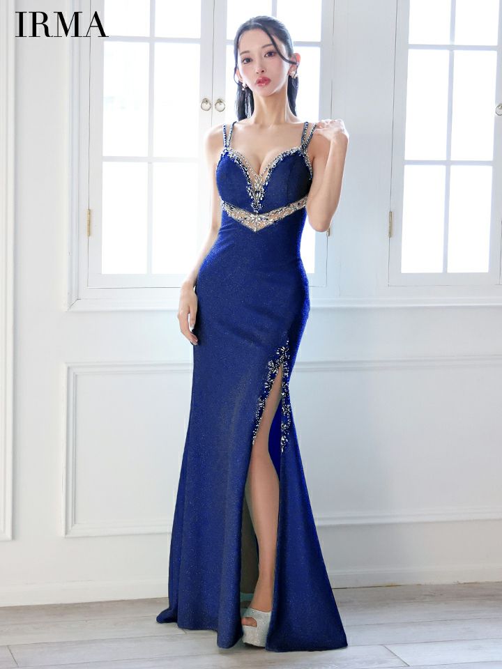 IRMA イルマ ウエストカットアウトシアー/ニット/刺繍/スリット入り/タイト ロングドレス ir51856