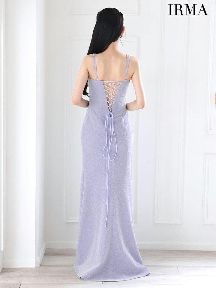 IRMA イルマ ワンカラー/ラメニット/カットアウト/ビジュー/スリット入り/タイト ロングドレス ir51901