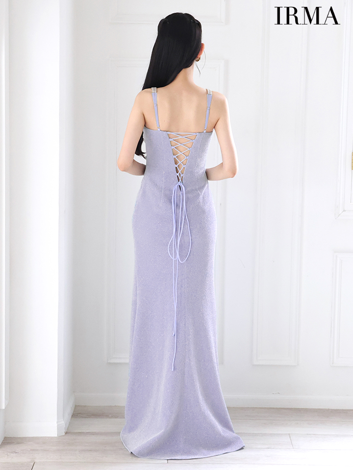 IRMA イルマ ワンカラー/ラメニット/カットアウト/ビジュー/スリット入り/タイト ロングドレス ir51901