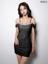 IRMA イルマ オフショル/ドレープ/バストビジュー/スパンコール/ラメニット/タイト ミニドレス  ir51990