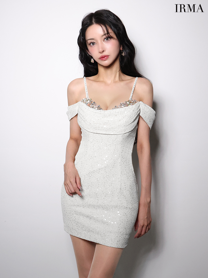 IRMA イルマ オフショル/ドレープ/バストビジュー/スパンコール/ラメニット/タイト ミニドレス  ir51990
