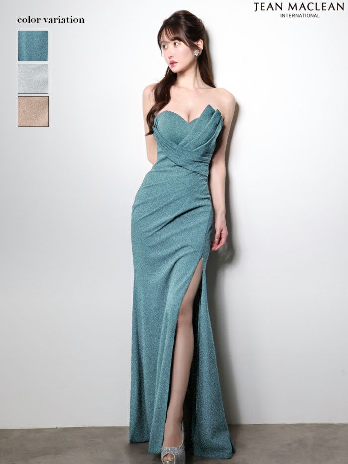 JEAN MACLEAN ジャンマクレーン ワンカラー/ベアトップ/アシンメトリー/タックデザイン/ラメニット/スリット入り/タイト ロングドレス ja51000