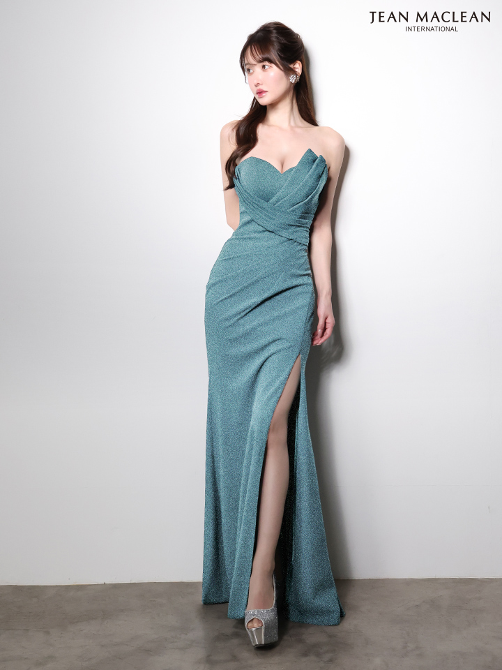 JEAN MACLEAN ジャンマクレーン ワンカラー/ベアトップ/アシンメトリー/タックデザイン/ラメニット/スリット入り/タイト ロングドレス ja51000