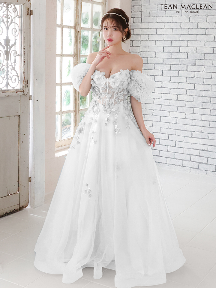 JEAN MACLEAN ジャンマクレーン スパンコールフラワーモチーフ/ボリュームフリルスリーブ/オフショル/姫/ロングドレス ja51767-c