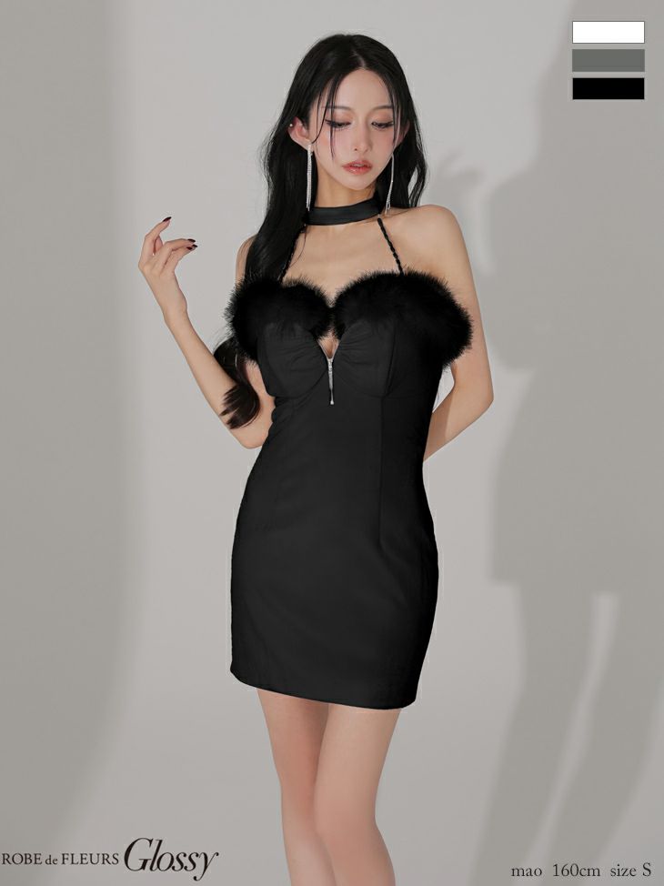 Glossy ローブドフルールグロッシー 【XSサイズあり】 ファー付きベロアチョーカータイトミニキャバドレス gl3949