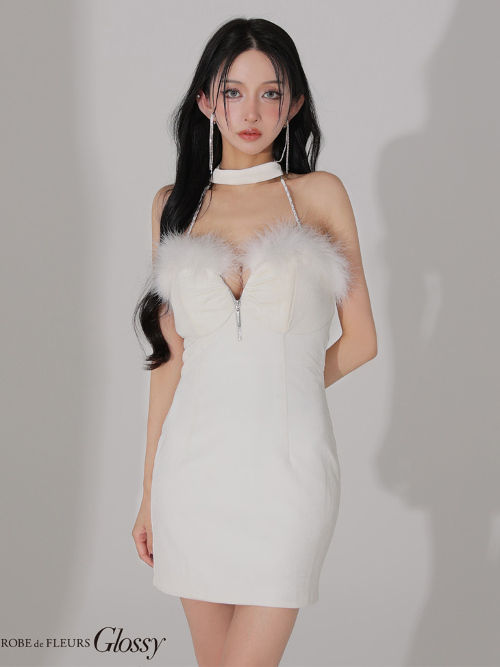 Glossy ローブドフルールグロッシー 【XSサイズあり】 ファー付きベロアチョーカータイトミニキャバドレス gl3949