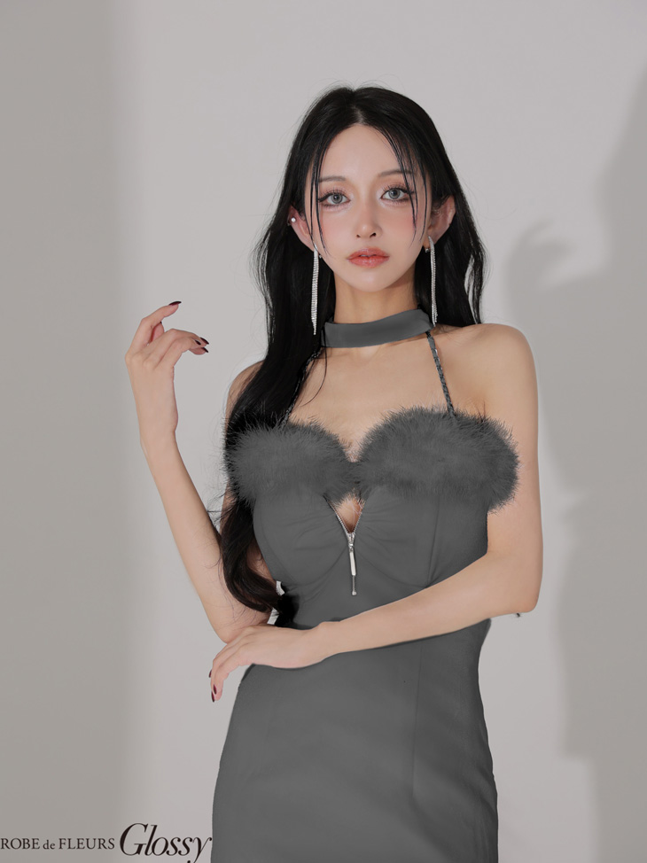 Glossy ローブドフルールグロッシー 【XSサイズあり】 ファー付きベロアチョーカータイトミニキャバドレス gl3949