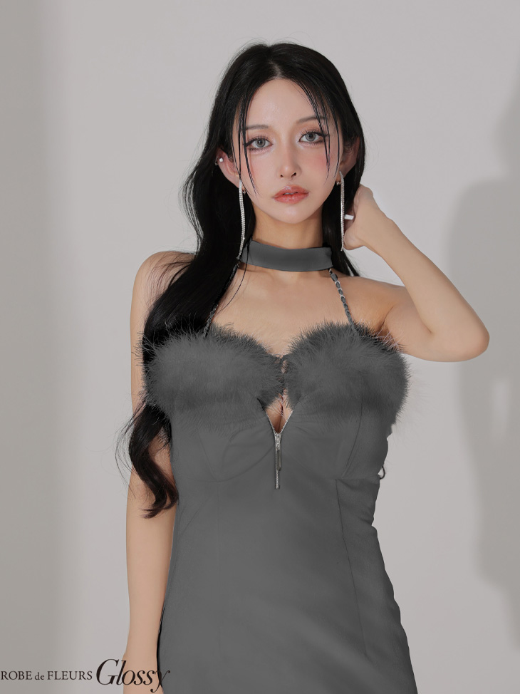 Glossy ローブドフルールグロッシー 【XSサイズあり】 ファー付きベロアチョーカータイトミニキャバドレス gl3949