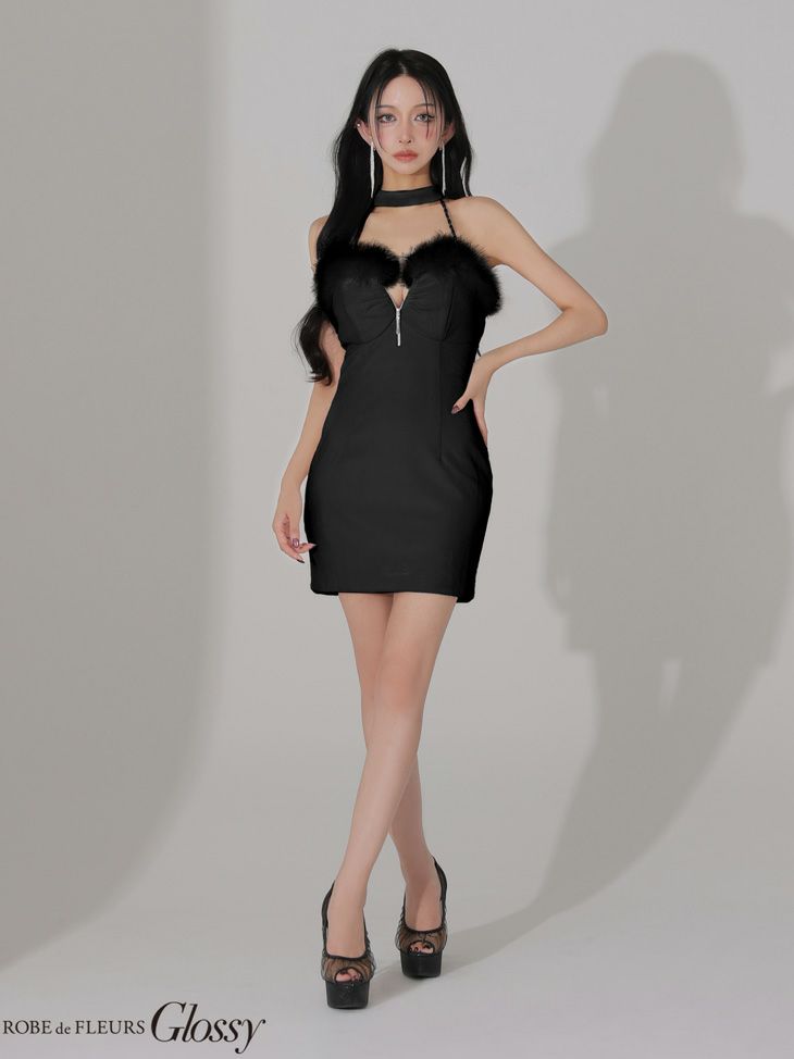 Glossy ローブドフルールグロッシー 【XSサイズあり】 ファー付きベロアチョーカータイトミニキャバドレス gl3949