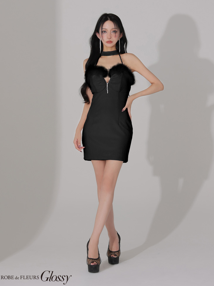 Glossy ローブドフルールグロッシー 【XSサイズあり】 ファー付きベロアチョーカータイトミニキャバドレス gl3949