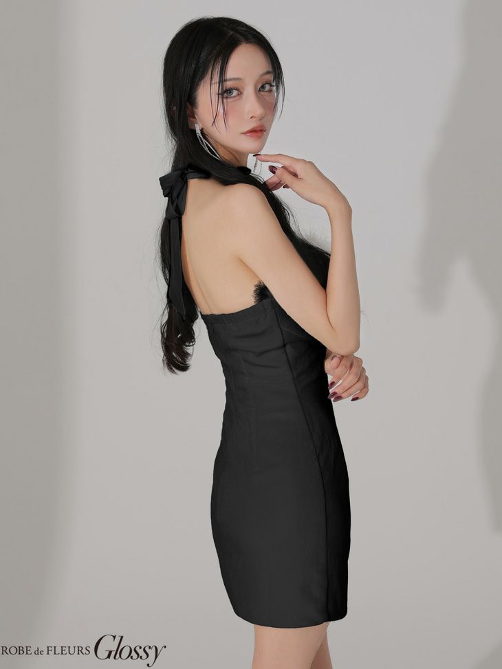 Glossy ローブドフルールグロッシー 【XSサイズあり】 ファー付きベロアチョーカータイトミニキャバドレス gl3949