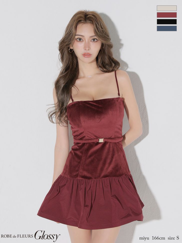 Glossy ローブドフルールグロッシー 【XSサイズあり】ベロアバルーンフレアベアトップミニキャバドレス gl4159