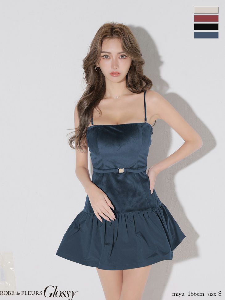 Glossy ローブドフルールグロッシー 【XSサイズあり】ベロアバルーンフレアベアトップミニキャバドレス gl4159