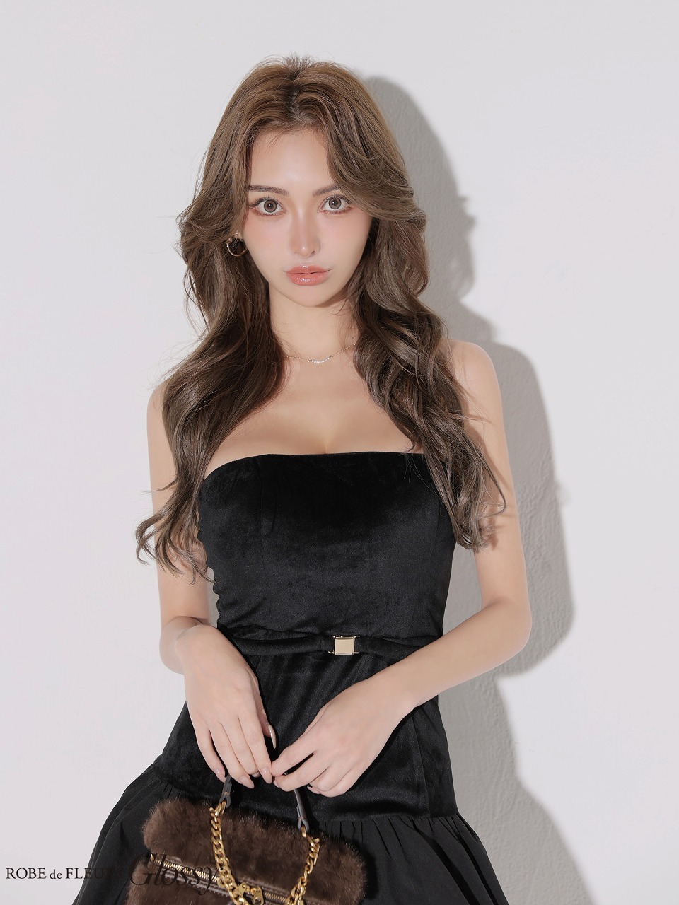 Glossy ローブドフルールグロッシー 【XSサイズあり】ベロアバルーンフレアベアトップミニキャバドレス gl4159