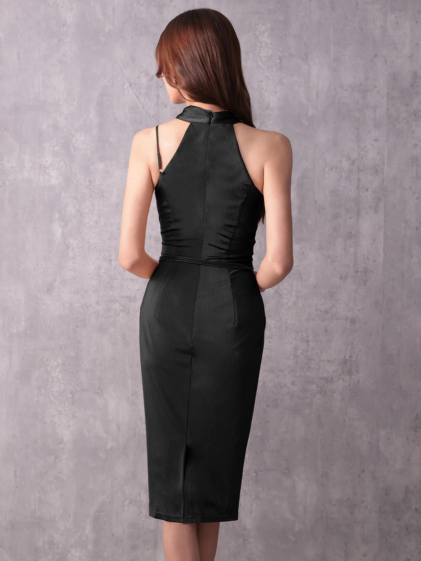 Veautt ヴュート アシンメトリーネックドレープベルト付きタイトミディアムドレス vt022528-ks