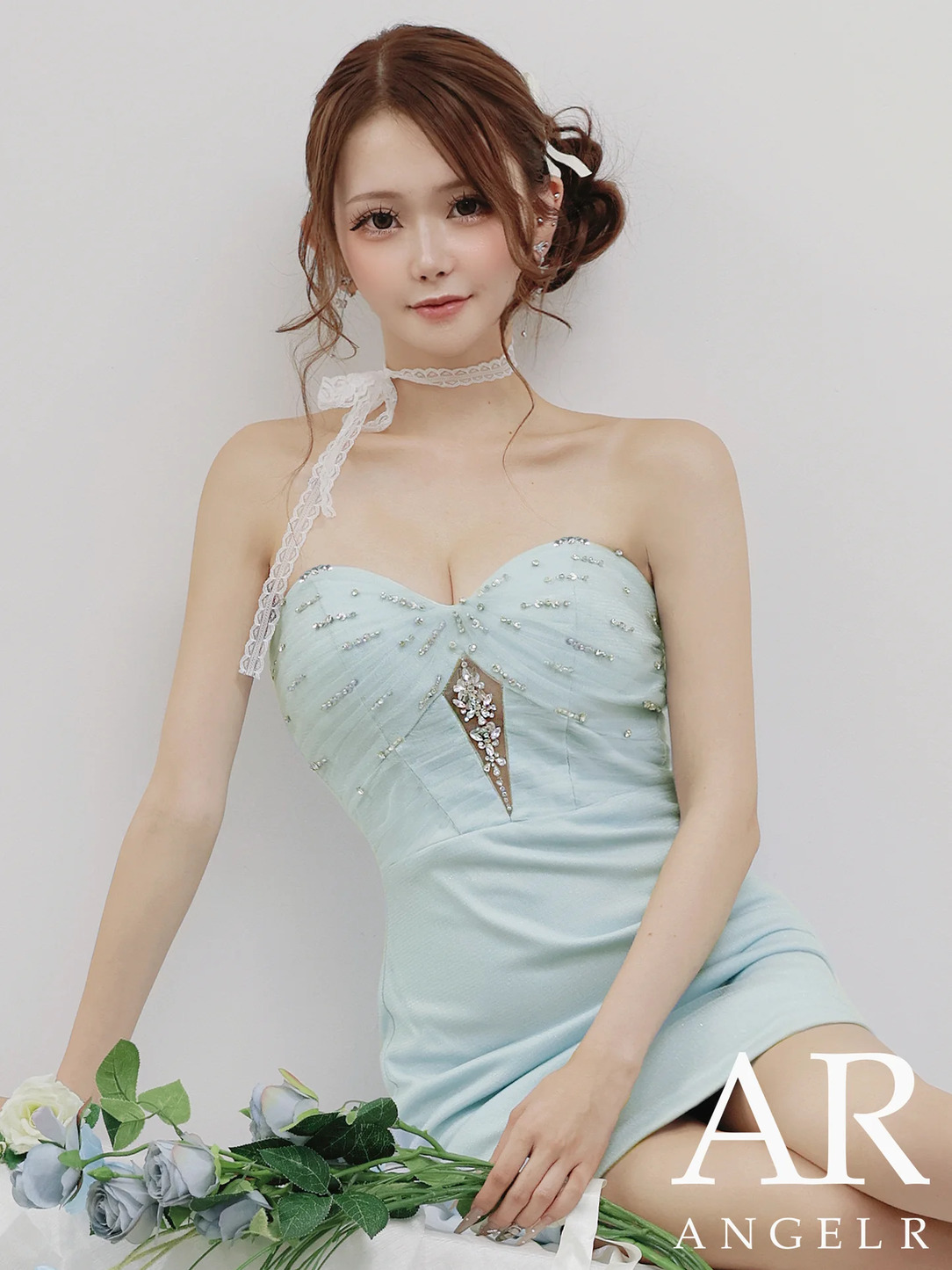 AngelR エンジェルアール フロントカットビジューメッシュタイトマイクロミニドレス ar25875