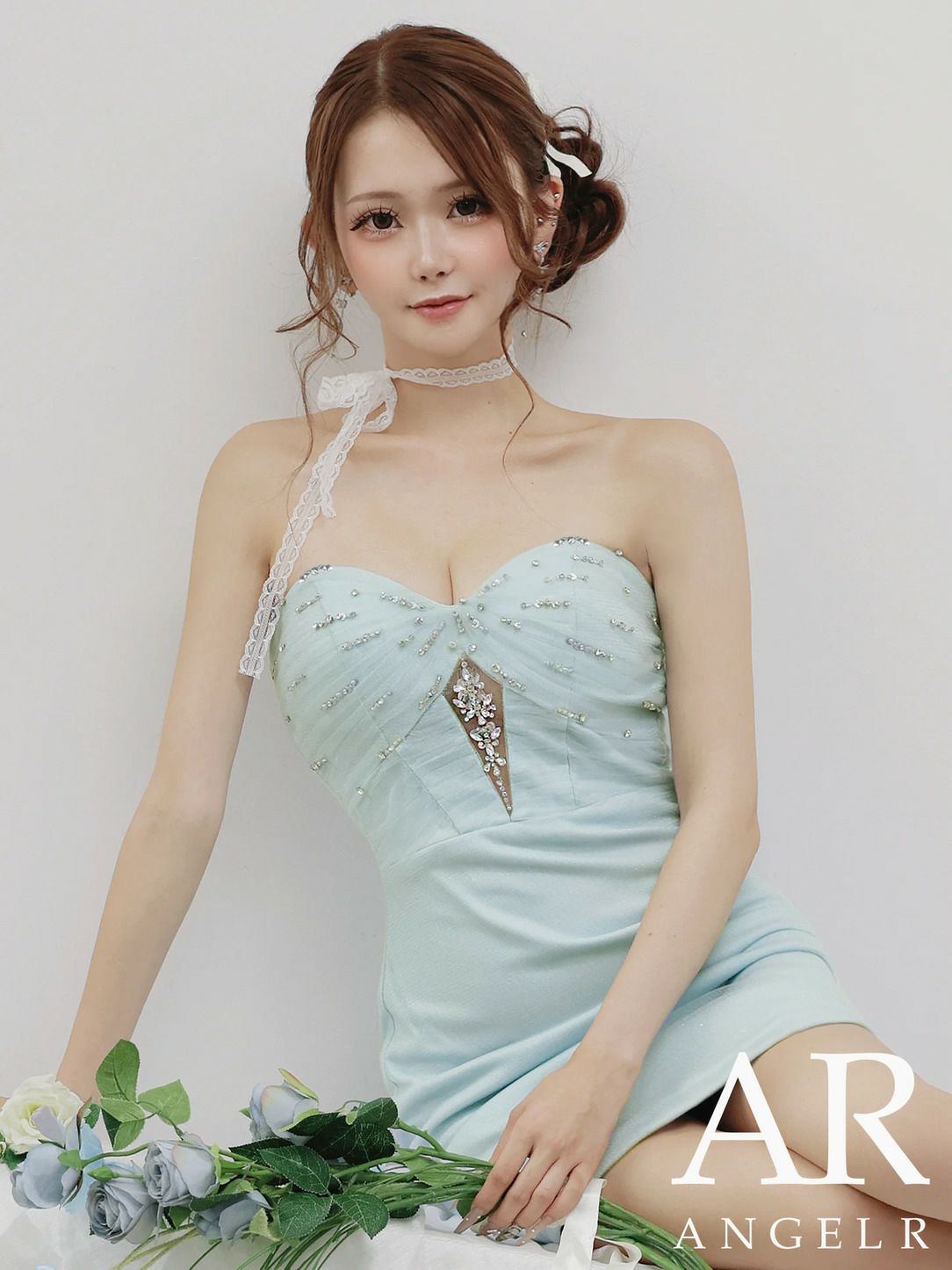 AngelR エンジェルアール フロントカットビジューメッシュタイトマイクロミニドレス ar25875