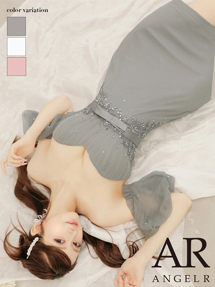 AngelR エンジェルアール メッシュパフスリーブフラワーウエストリボンビジューバストハートカットタイトマイクロミニドレス ar25876